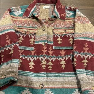 New in brand Aztec Tribal Print Southwestern Shacket with a Raw trim